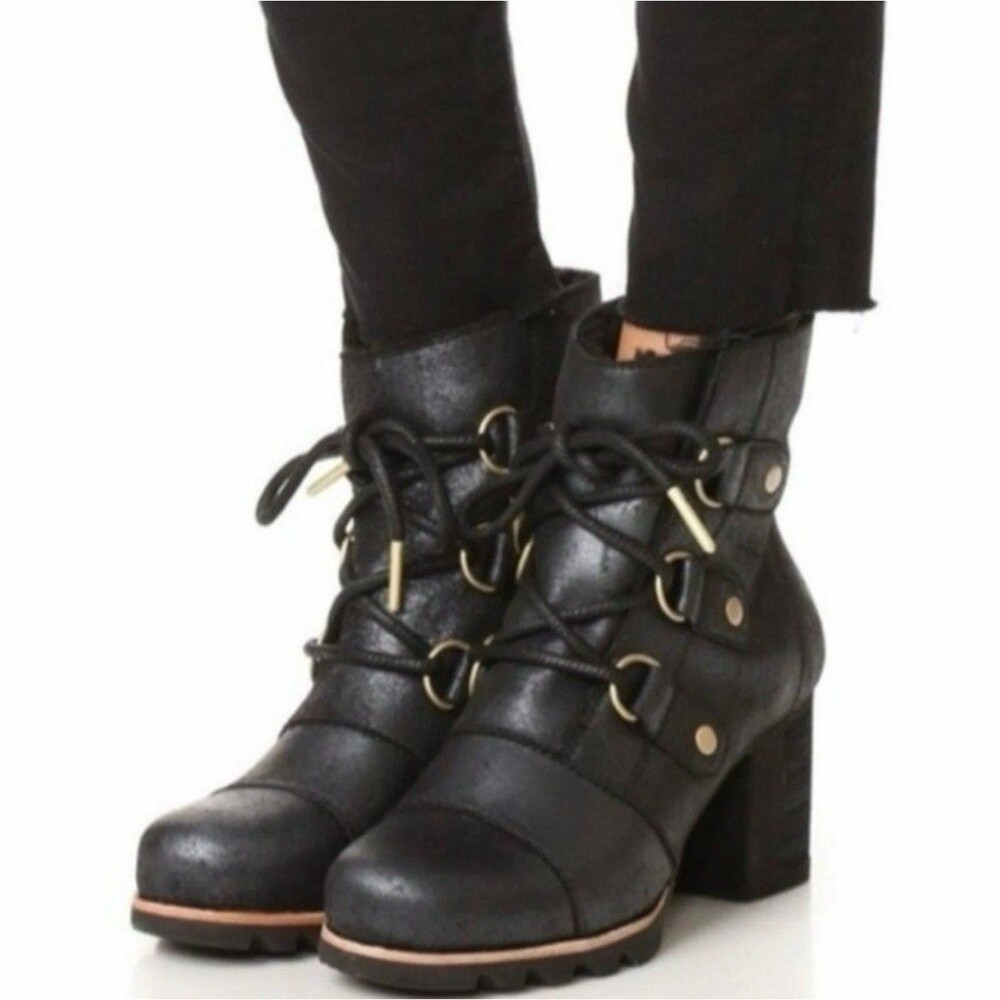Sorel Addington Lace Up Waterproof Ankle Boots Black Leather Size 6